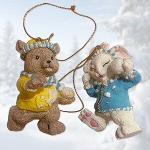 EUC Teddy Bear & White Rabbit Hanging Ornaments - Holiday/Christmas Figurines